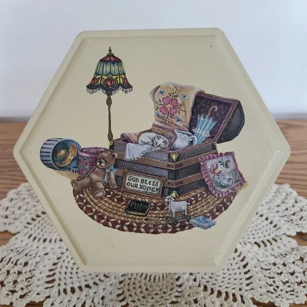 Vintage Tin God Bless Our Home Teddy Bear Cat Trunk Victorian Elements Cute!
